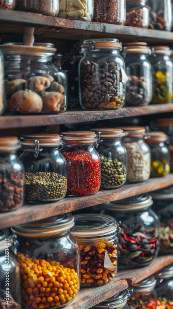 Many jars of different kinds of food on the shelves, food background 