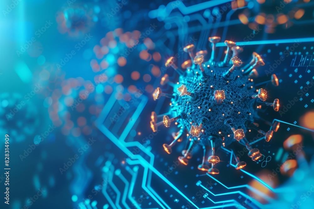 A digital virus composed of circuit lines and glowing nodes on a blue background Closeup A digital virus composed of circuit lines and glowing nodes on a blue background Closeup
