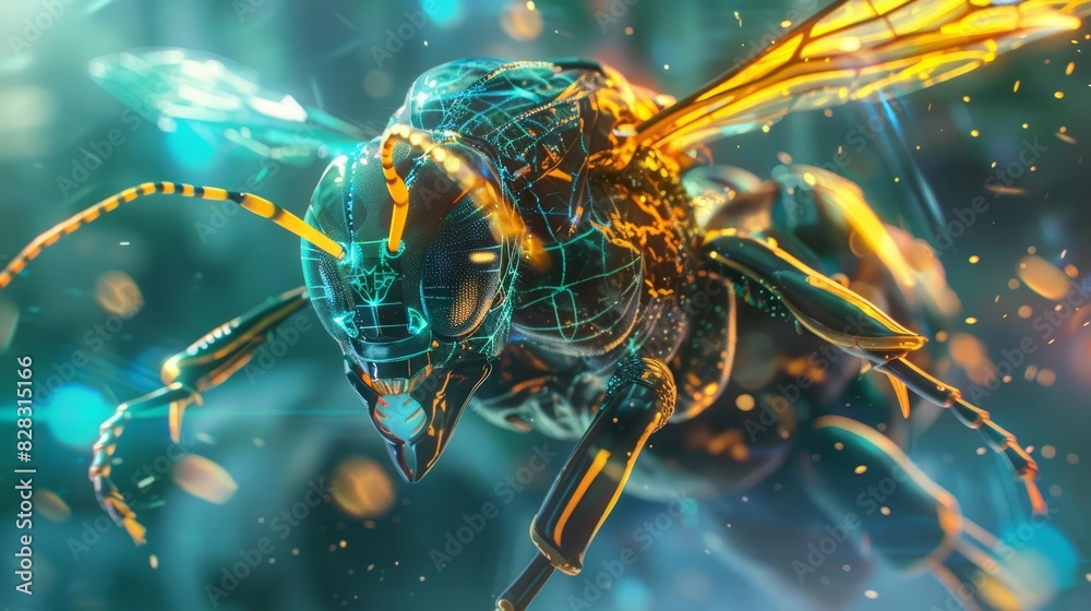 A futuristic charismatic cyber closeup of a wasp in a warriors armor, engaging in a holographic duel, in an arena with a blurry background, Sharpen banner cinematic with copy space A futuristic charismatic cyber closeup of a wasp in a warriors armor, engaging in a holographic duel, in an arena with a blurry background, Sharpen banner cinematic with copy space