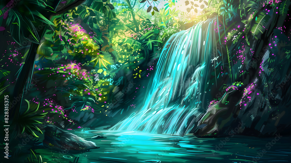 Obraz premium Vibrant waterfall in tropical jungle wallpaper