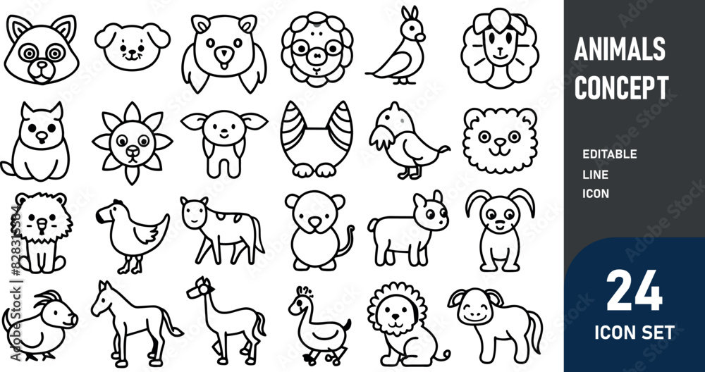 Fototapeta premium Animals related concept such as Dog, cat, horse, pig, sheep, goat, chicken, bird, fish & many more editable stroke outline icons isolated on white background flat vector illustration