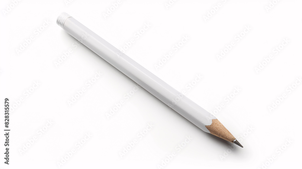 White pencil on white background. A single white pencil lies diagonally on a white background, minimalist image with copy space. White pencil on white background. A single white pencil lies diagonally on a white background, minimalist image with copy space.