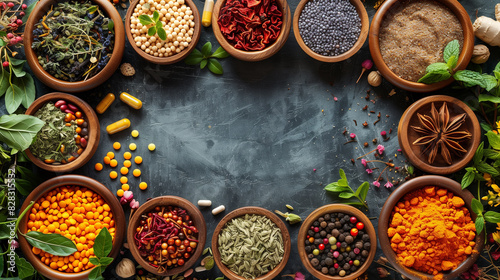 a close up of a table with bowls of different types of spices