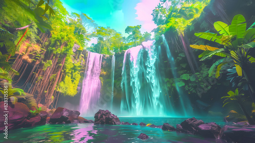 Colorful waterfall in mystical jungle wallpaper
