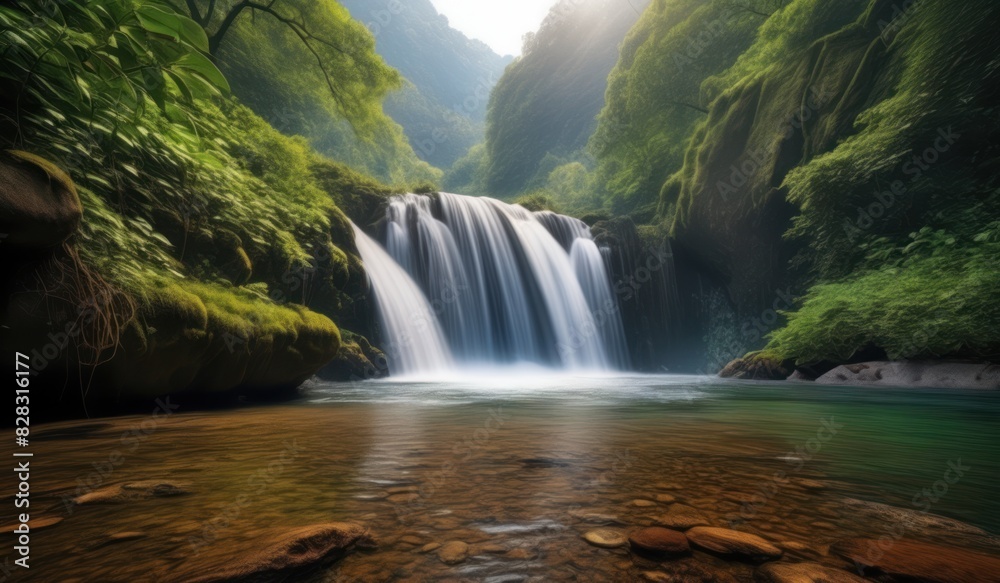 Fototapeta premium view of a waterfall in a forest with a sun shining