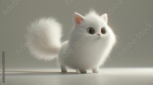 Playful 3D animation featuring a fluffy white cat, its animated tail swishing with curiosity and charm. photo