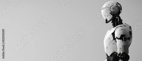 A humanoid robot placed against a solid white backdrop with ample copy space