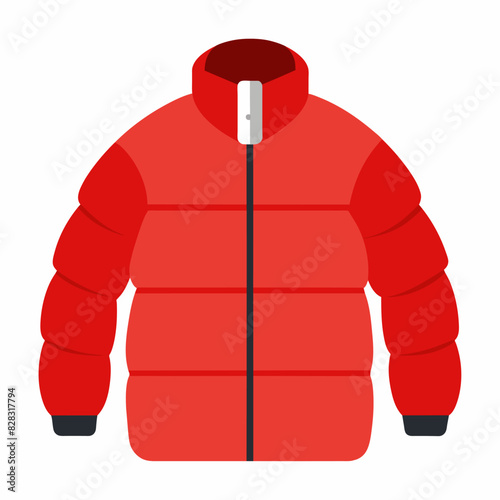 Red puffer jacket with black cuffs and zipper on white background