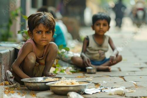 Two children sitting on the sidewalk eating food, social issue background
