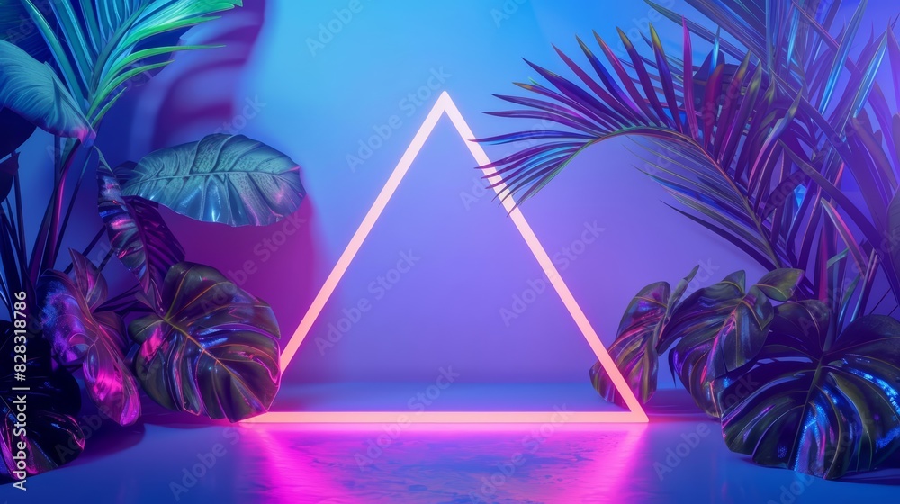 Fototapeta premium A triangular neon light frame with tropical leaves against a blue and purple background Closeup