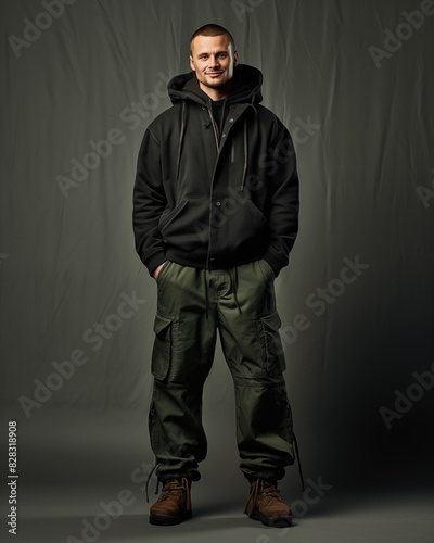 arafed man in a black jacket and green pants posing for a picture © Tasfia Ahmed