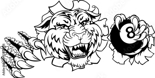 A tiger angry mean pool billiards mascot cartoon character holding a black 8 ball.