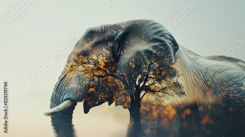 An Elephant with double exposure, create unique and thought-provoking ESG photos that grab attention and leave a lasting impression photo