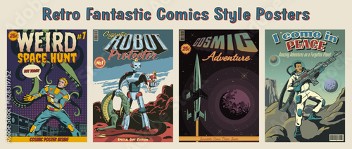 Retro Fantastic Comics, Sci-Fi Book Covers Style Illustrations. Robots, Astronauts, Extraterrestrial Monsters, Rockets and Space 