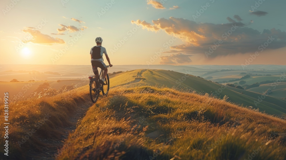 A young man is cycling on a hill. Generative AI.