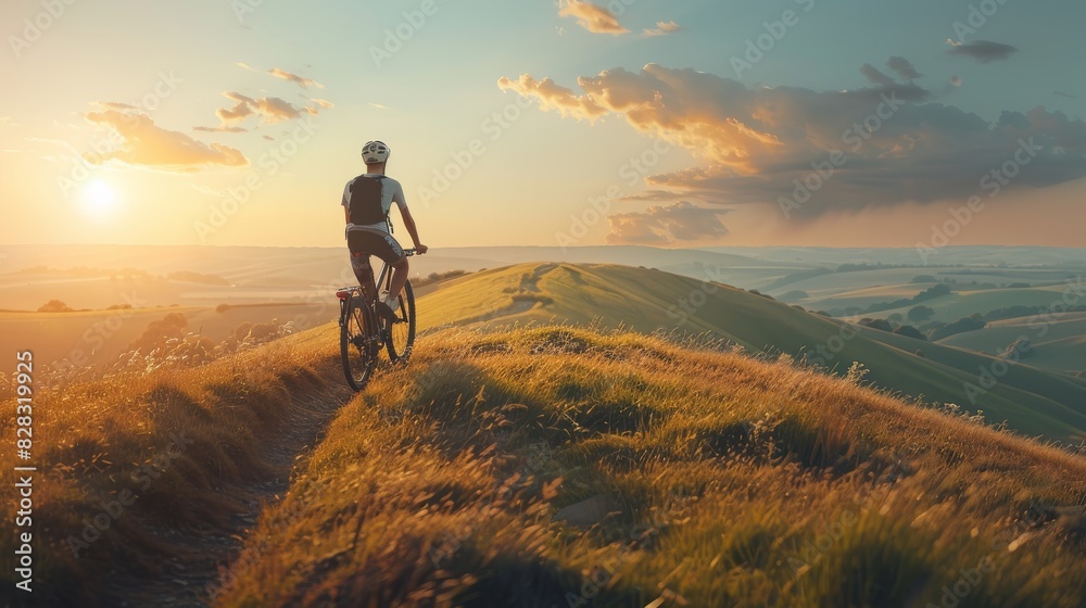 A young man is cycling on a hill. Generative AI. A young man is cycling on a hill. Generative AI.