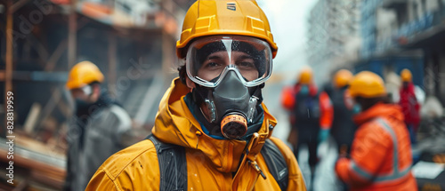 People in safety gear - a firefighter, construction worker, and hazmat suit worker - ready for various hazardous situations
