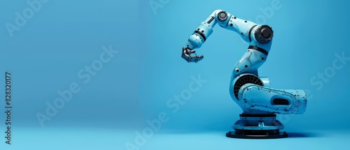 An industrial robot placed against a solid blue backdrop with ample copy space