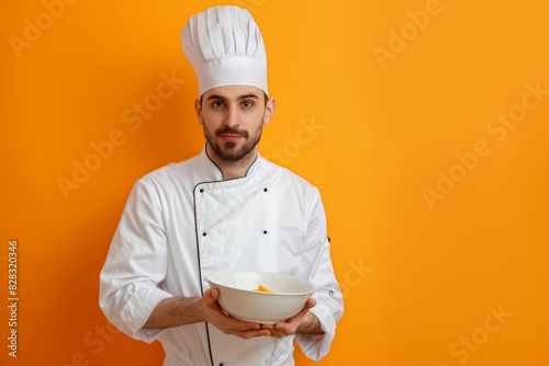 An omnivore in a chefs uniform, preparing a meal on a solid orange background with copy space photo