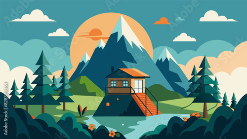 An offgrid retreat in the mountains focused on sustainability and offering activities like forest and wild foraging for a holistic wellness experience.. Vector illustration