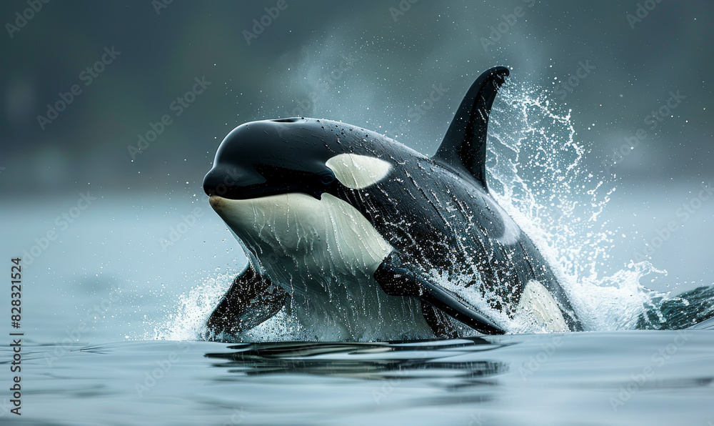 Fototapeta premium Bigg's orca whale breaching waters of Vancouver Island, Canada during misty morning for wildlife photography and marine life theme