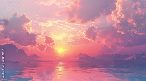 A serene sunrise painting the sky with pastel hues of pink and orange, heralding the arrival of a new day photo