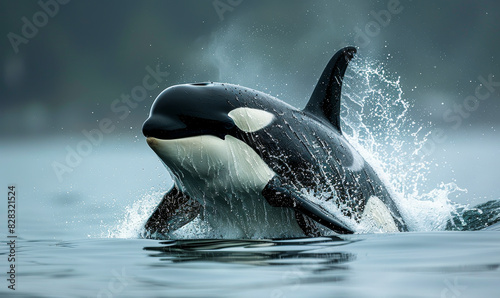 Bigg's orca whale breaching waters of Vancouver Island, Canada during misty morning for wildlife photography and marine life theme