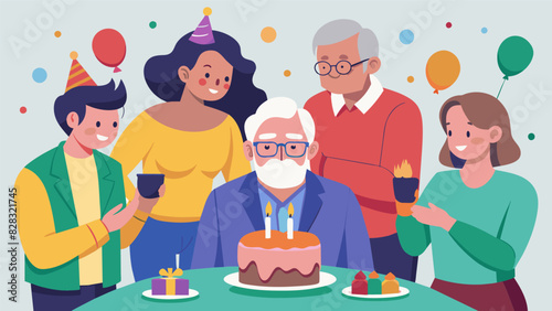 An elderly gentleman blowing out the candles on his birthday cake surrounded by family and friends at the community center.. Vector illustration