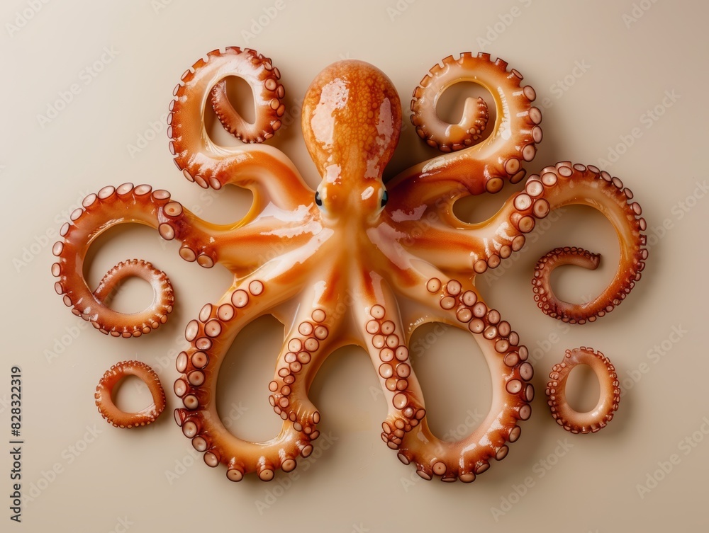 Top view of a fresh octopus with eight tentacles spread out on a beige surface, perfect for culinary and seafood themes.