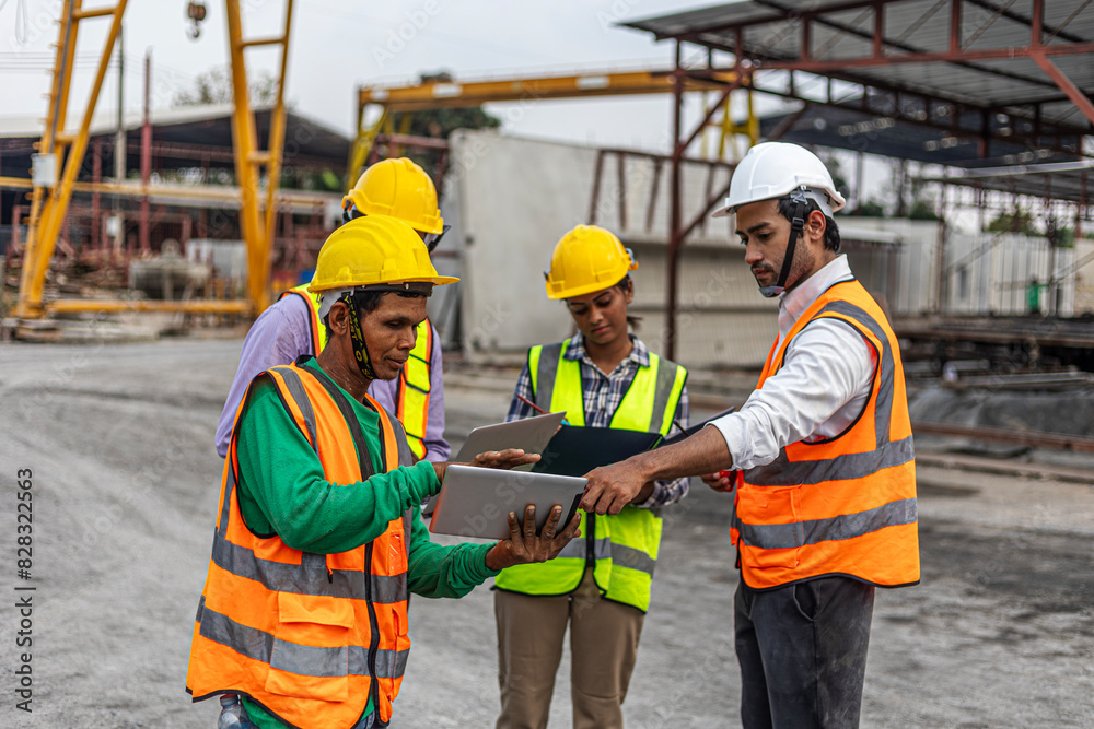 A team of civil engineers with safety uniform from different ethnicities work together using laptop and digital devices to inspect their production in a construction factory. A team of civil engineers with safety uniform from different ethnicities work together using laptop and digital devices to inspect their production in a construction factory.