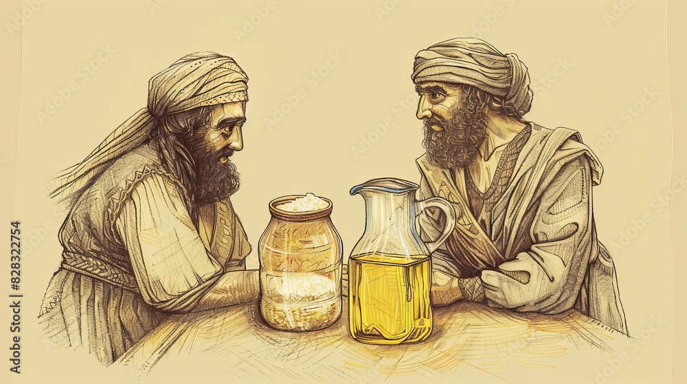 Elijah and Widow of Zarephath, Flour Jar and Oil Jug Not Running Out, Biblical Illustration, Beige Background, Copyspace Elijah and Widow of Zarephath, Flour Jar and Oil Jug Not Running Out, Biblical Illustration, Beige Background, Copyspace