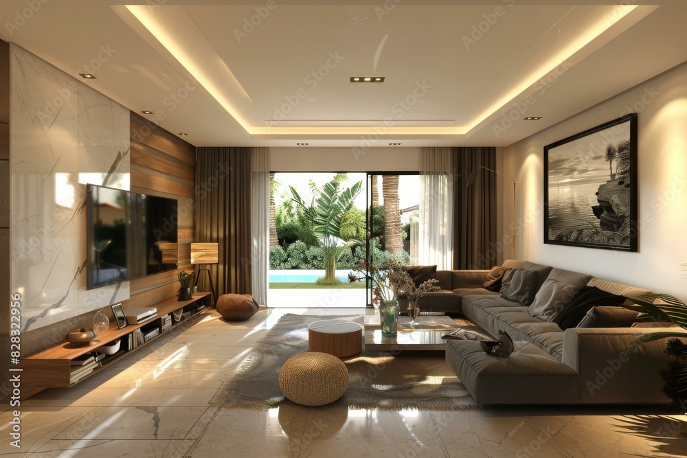 Fototapeta premium Modern Living Room with Picturesque Pool View