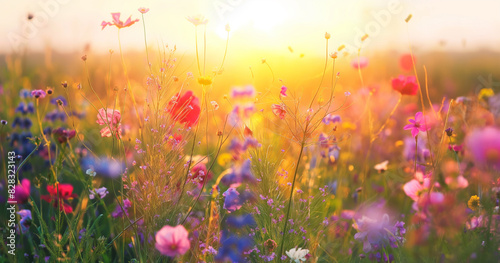 araffes of flowers in a field with the sun setting