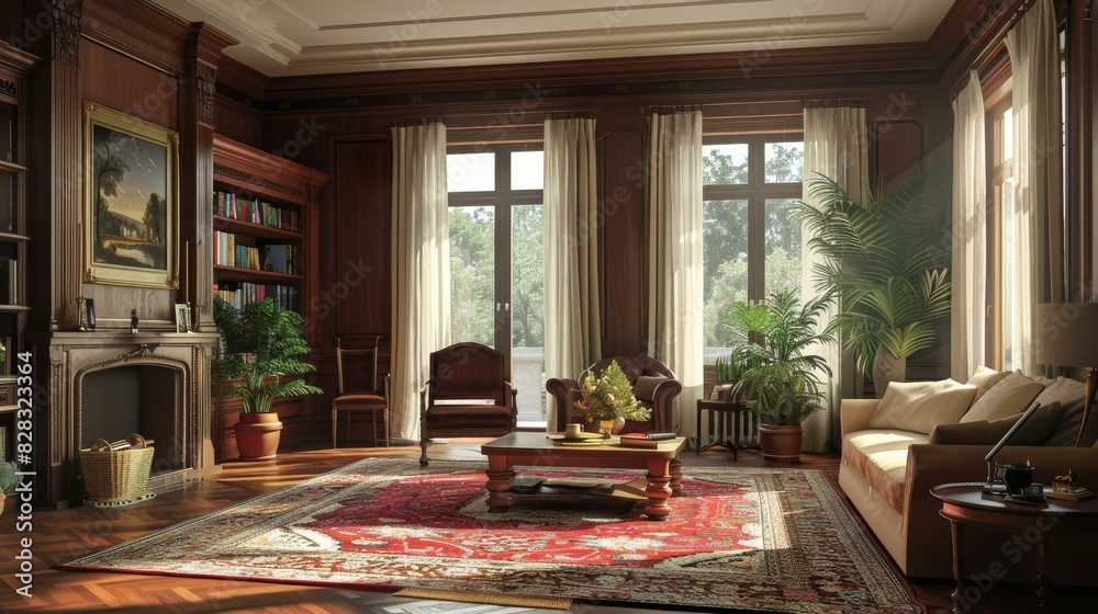 Fototapeta premium Stylish Classic Study Room Interior Design with Sunlight