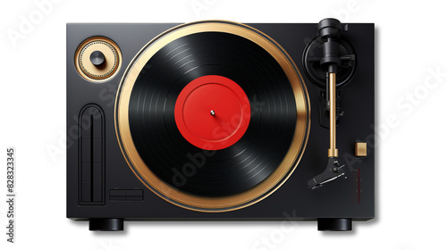 A black and gold record player featuring a red knob, set against a transparent background
