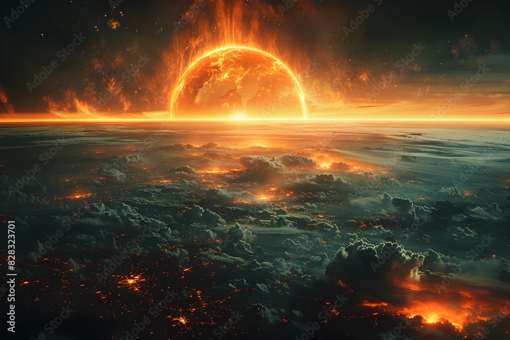 Catastrophic Celestial Collision Ignites Fiery Apocalyptic Sci-Fi Landscape