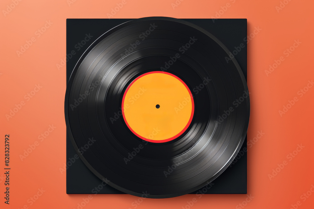 Obraz premium A black record with a vibrant orange disc on it, displayed on a transparent background. The record is inside a paper case