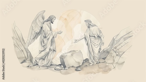 Stone Rolled Away from Tomb, Angel and Early Morning Light, Jesus' Resurrection, Biblical Illustration, Beige Background, Copyspace