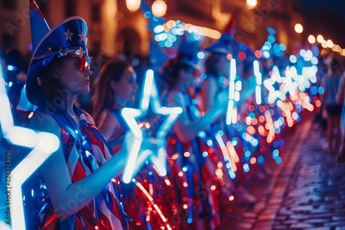 Independence Day features a parade with patriotic floats and bands, close up, with a hitech hologram concept, cinematic look, sharpen with copy space photo