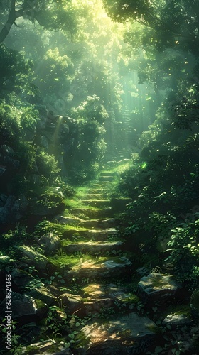 Enchanting Forested Path Leads to Tranquil Adventure through Lush Greenery and Sunlit Landscapes © sathon