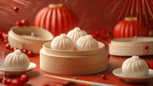 Appealing Steamed Buns on a Red Background for Chinese New Year photo