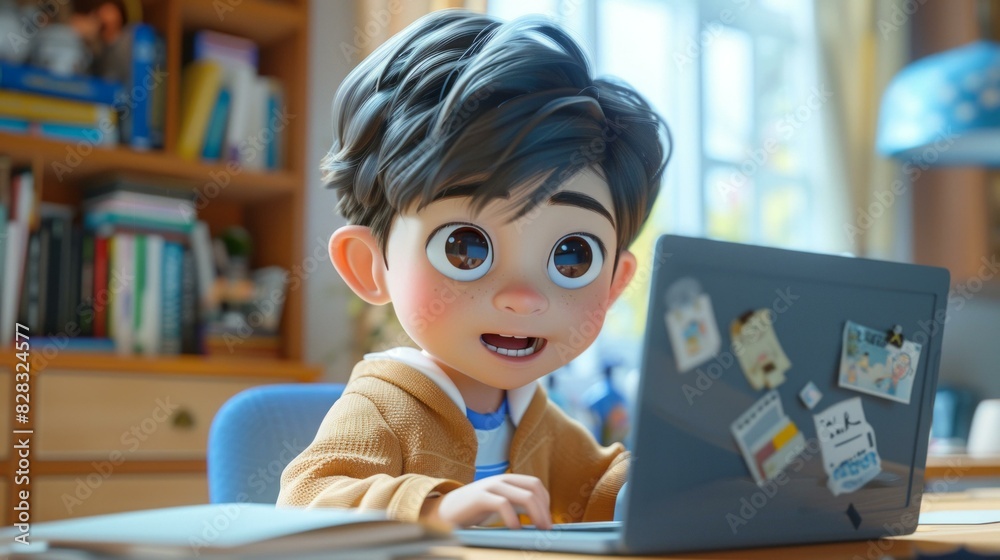 Young Boy Studying and Working Online at Home Using Laptop