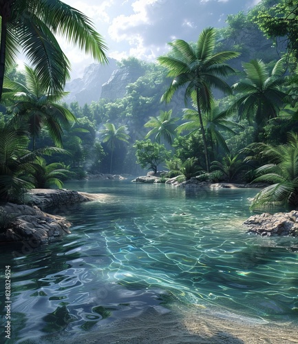 Tropical River Flows through Lush Rainforest with Blue Water and Green Foliage