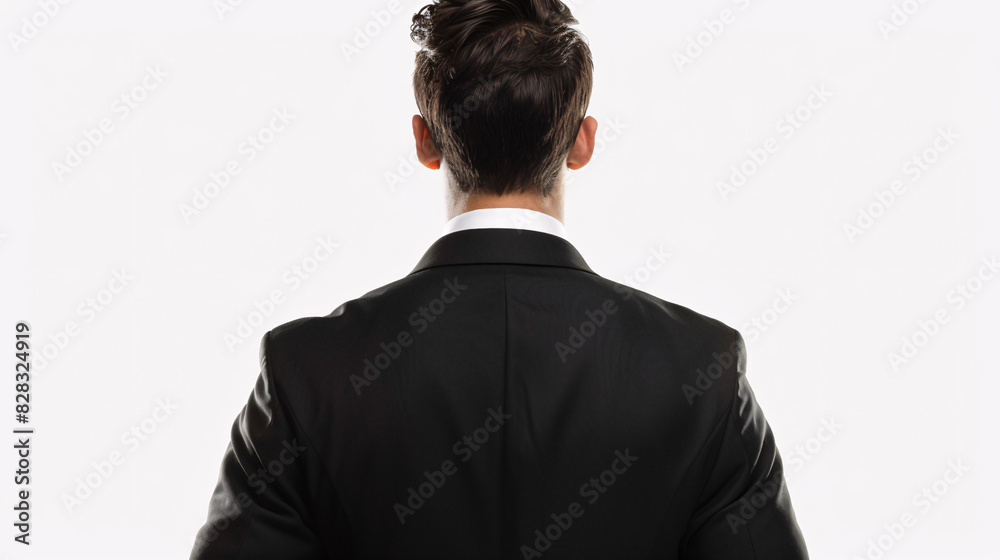 Back view of businessman in black suit on white background. Rear view of businessman in black suit on white background, offering a sense of mystery and professionalism. Back view of businessman in black suit on white background. Rear view of businessman in black suit on white background, offering a sense of mystery and professionalism.