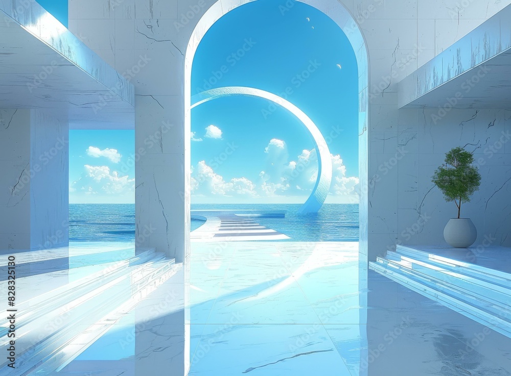Fototapeta premium Futuristic City Of White Architecture Overlooking Turquoise Ocean Water
