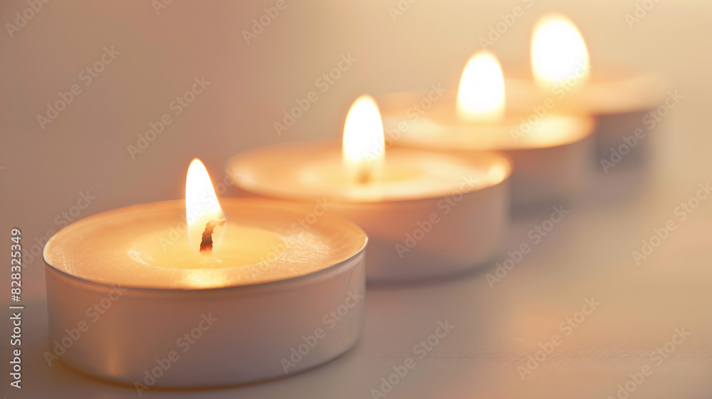 Row of lit tealight candles. Close-up image featuring a row of lit tealight candles, creating a warm and inviting atmosphere. Row of lit tealight candles. Close-up image featuring a row of lit tealight candles, creating a warm and inviting atmosphere.