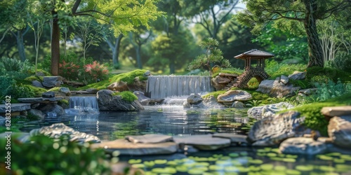 Japanese Garden: Tranquil Landscape with Verdant Greenery and Bridge
