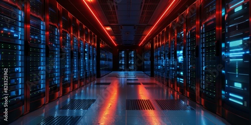 Server Room Interior Design With Blue And Red Lights photo