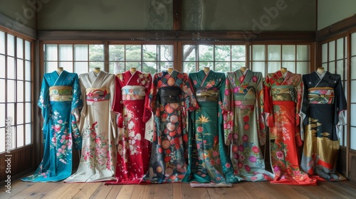 A variety of colorful kimono displayed in a room with wooden flooring and traditionaléšœå­ windows. photo