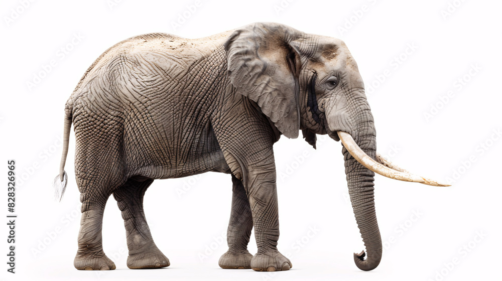 Fototapeta premium Majestic elephant isolated on white background. Full-body portrait of a majestic African elephant against a clean white backdrop, perfect for wildlife and conservation projects.
